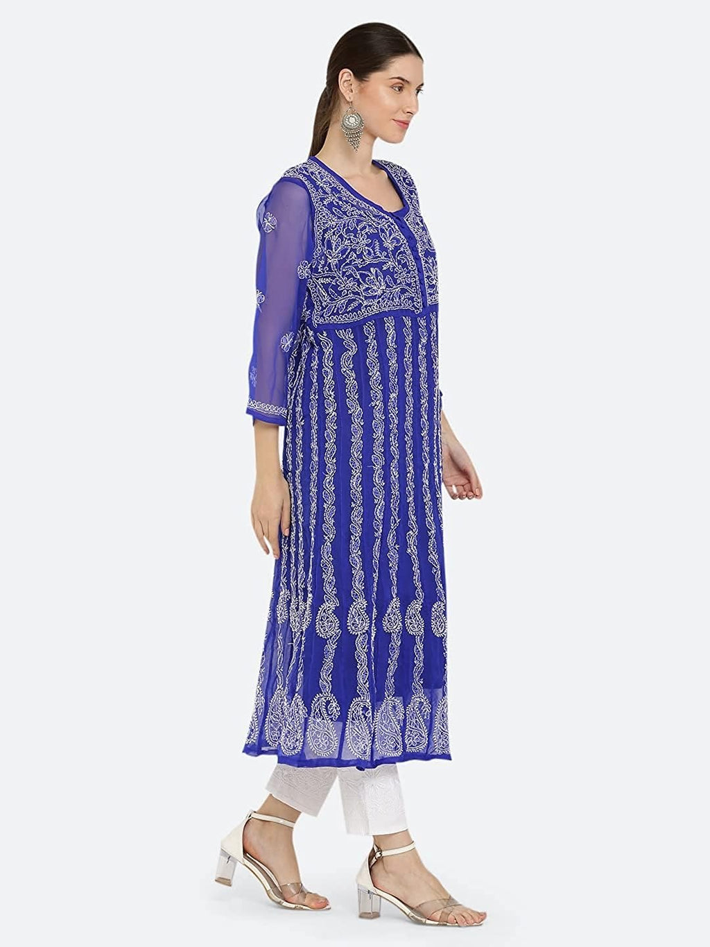 Royal Blue Gauhar Chiffon Georgette Chikankari Flared Anarkali Kurti with Cotton Stretchable Lycra Pant &amp; Matching Cotton Inner ( 3 Pcs Set)