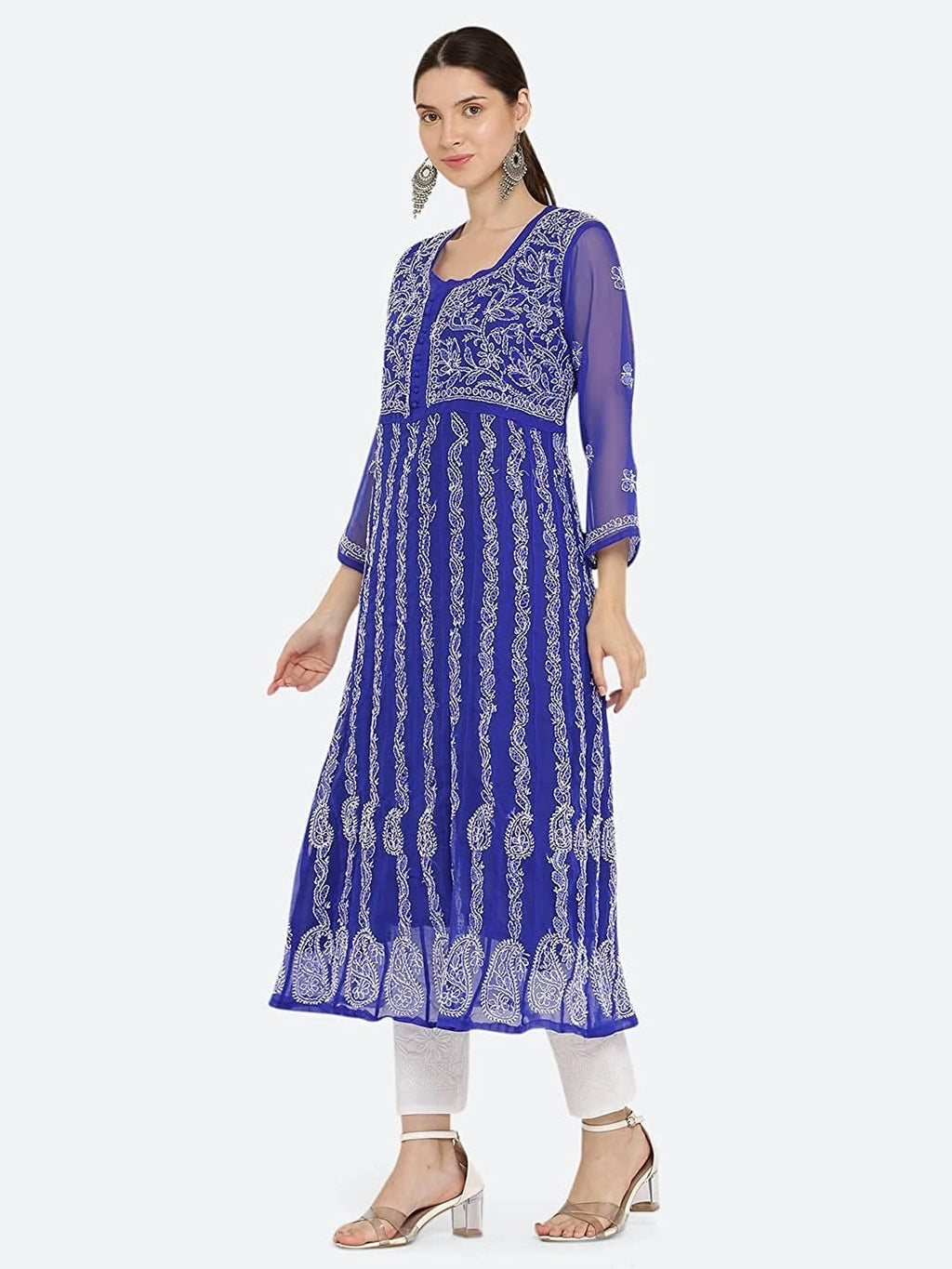 Royal Blue Gauhar Chiffon Georgette Chikankari Flared Anarkali Kurti with Cotton Stretchable Lycra Pant &amp; Matching Cotton Inner ( 3 Pcs Set)