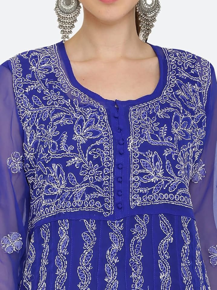 Royal Blue Gauhar Chiffon Georgette Chikankari Flared Anarkali Kurti with Cotton Stretchable Lycra Pant &amp; Matching Cotton Inner ( 3 Pcs Set)