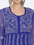 Royal Blue Gauhar Chiffon Georgette Chikankari Flared Anarkali Kurti with Cotton Stretchable Lycra Pant &amp; Matching Cotton Inner ( 3 Pcs Set)