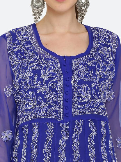 Gauhar Chiffon Georgette Chikankari Flared Anarkali Kurti with Cotton Stretchable Lycra Pant & Matching Cotton Inner