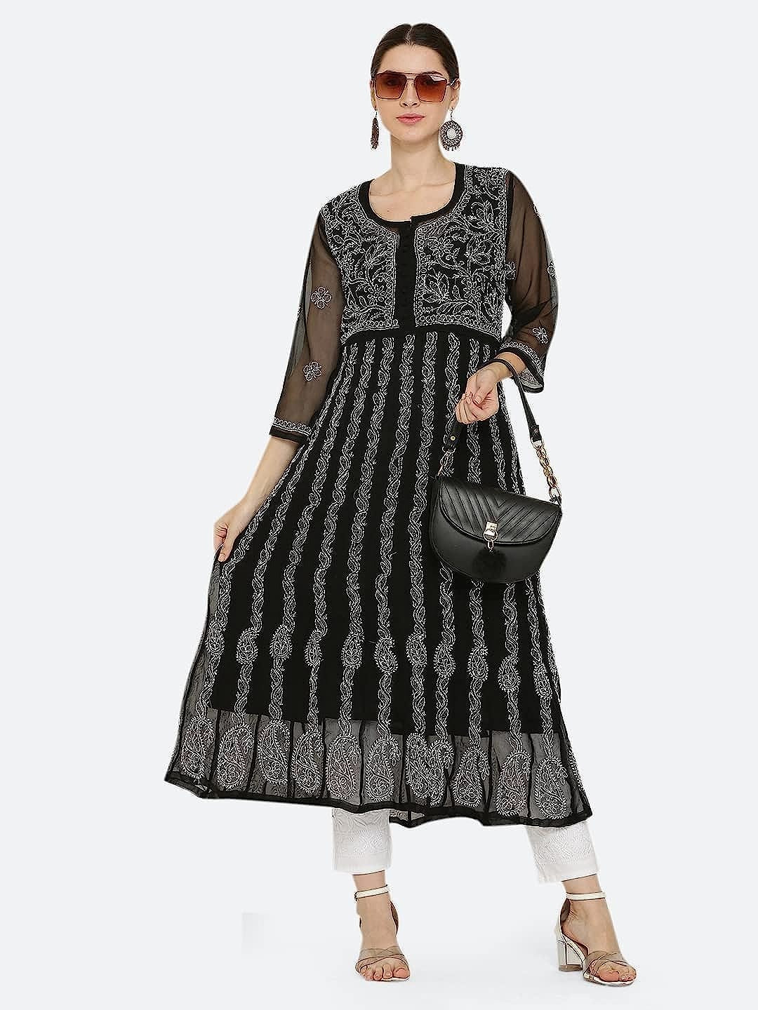 Black Gauhar Chiffon Georgette Chikankari Flared Anarkali Kurti with Cotton Stretchable Lycra Pant &amp; Matching Cotton Inner ( 3 Pcs Set)