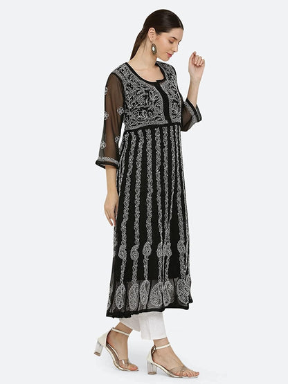Gauhar Chiffon Georgette Chikankari Flared Anarkali Kurti with Cotton Stretchable Lycra Pant & Matching Cotton Inner