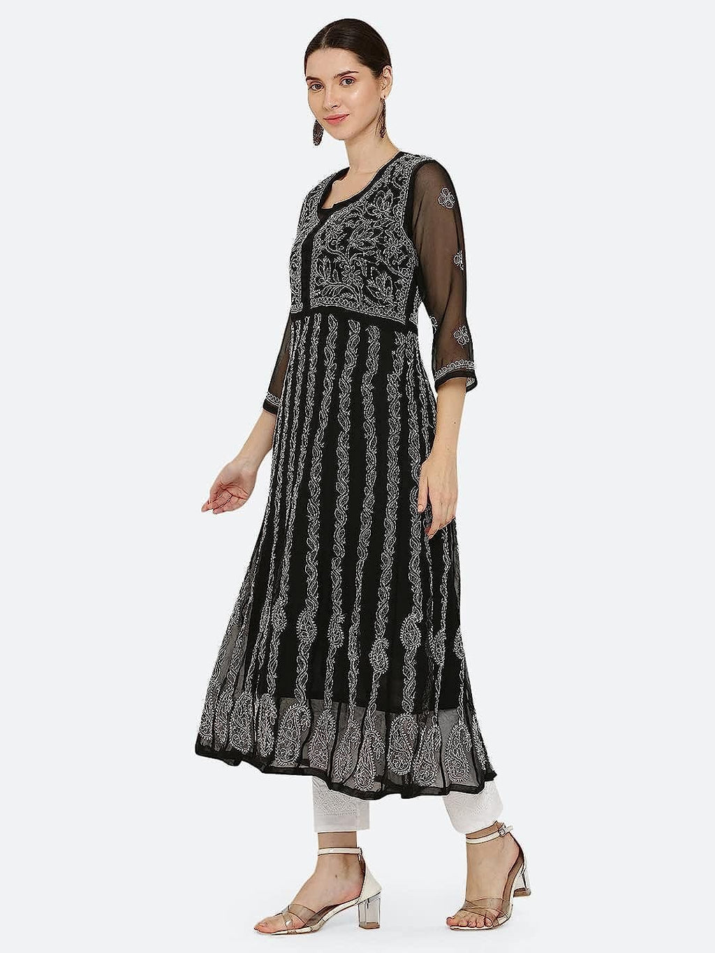 Black Gauhar Chiffon Georgette Chikankari Flared Anarkali Kurti with Cotton Stretchable Lycra Pant &amp; Matching Cotton Inner ( 3 Pcs Set)