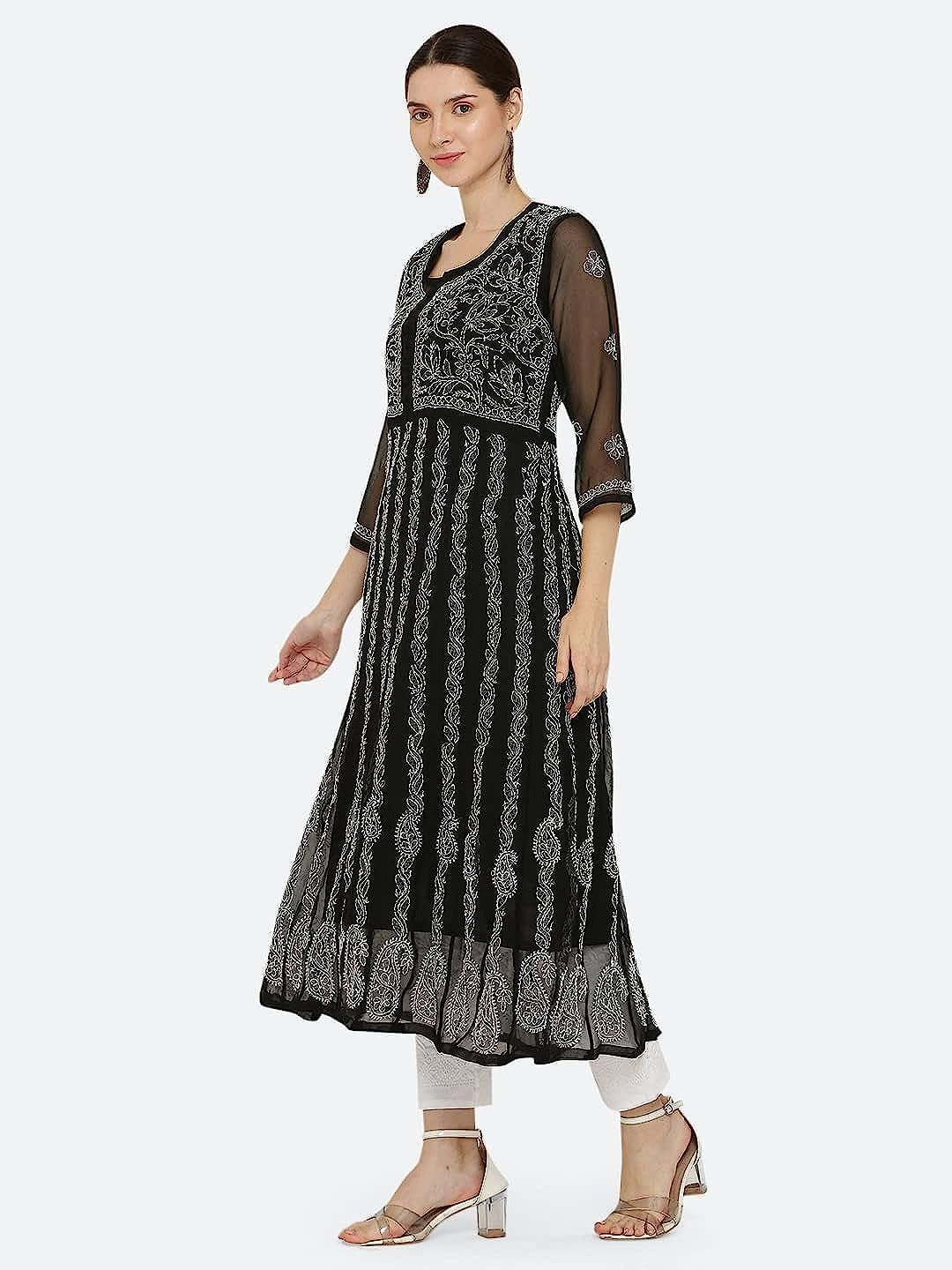 Black Gauhar Chiffon Georgette Chikankari Flared Anarkali Kurti with Cotton Stretchable Lycra Pant &amp; Matching Cotton Inner ( 3 Pcs Set)