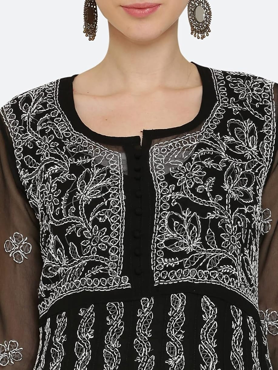 Black Gauhar Chiffon Georgette Chikankari Flared Anarkali Kurti with Cotton Stretchable Lycra Pant &amp; Matching Cotton Inner ( 3 Pcs Set)