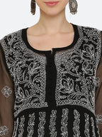 Black Gauhar Chiffon Georgette Chikankari Flared Anarkali Kurti with Cotton Stretchable Lycra Pant &amp; Matching Cotton Inner ( 3 Pcs Set)