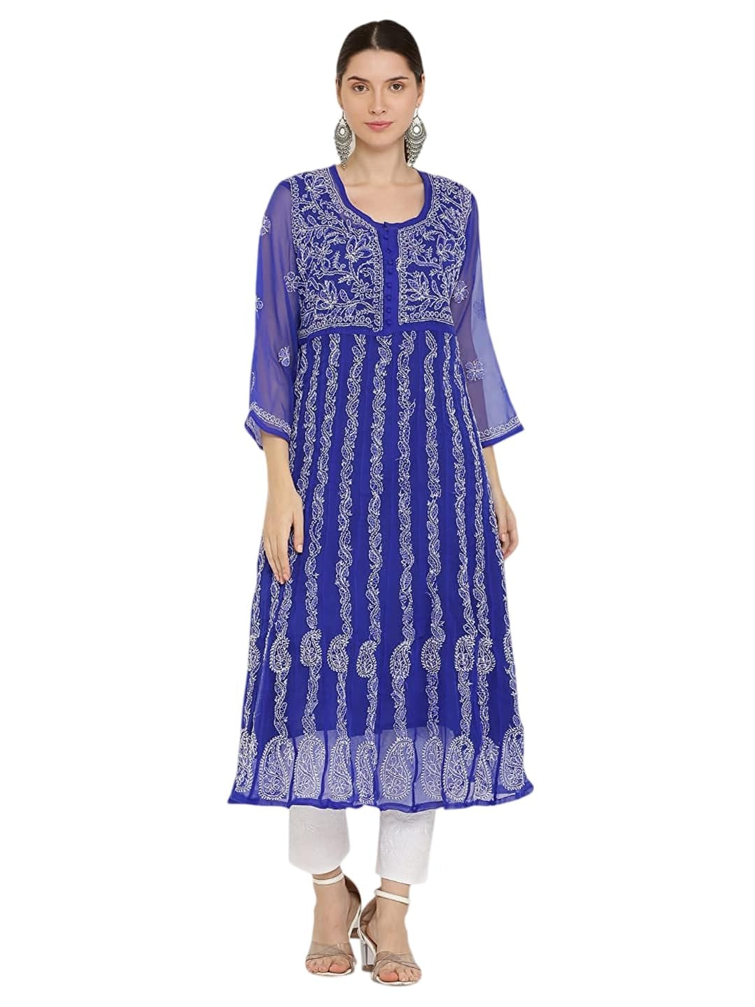 Royal Blue Gauhar Chiffon Georgette Chikankari Flared Anarkali Kurti with Cotton Stretchable Lycra Pant &amp; Matching Cotton Inner ( 3 Pcs Set)