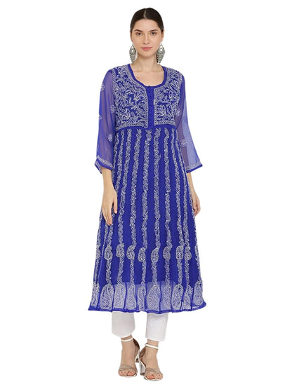 Gauhar Chiffon Georgette Chikankari Flared Anarkali Kurti with Cotton Stretchable Lycra Pant & Matching Cotton Inner