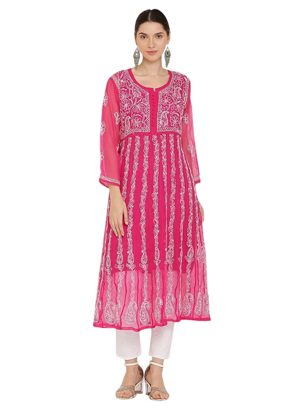 Magenta Gauhar Chiffon Georgette Chikankari Flared Anarkali Kurti with Cotton Stretchable Lycra Pant &amp; Matching Cotton Inner ( 3 Pcs Set)