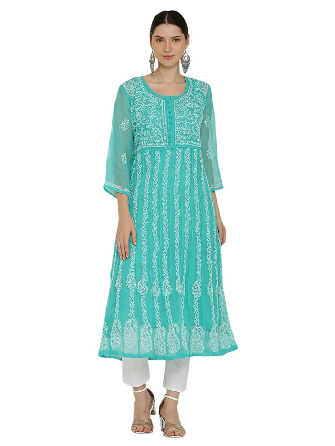 Rama Green Gauhar Chiffon Georgette Chikankari Flared Anarkali Kurti with Cotton Stretchable Lycra Pant &amp; Matching Cotton Inner ( 3 Pcs Set)
