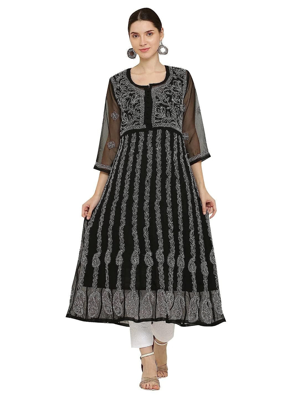 Black Gauhar Chiffon Georgette Chikankari Flared Anarkali Kurti with Cotton Stretchable Lycra Pant &amp; Matching Cotton Inner ( 3 Pcs Set)