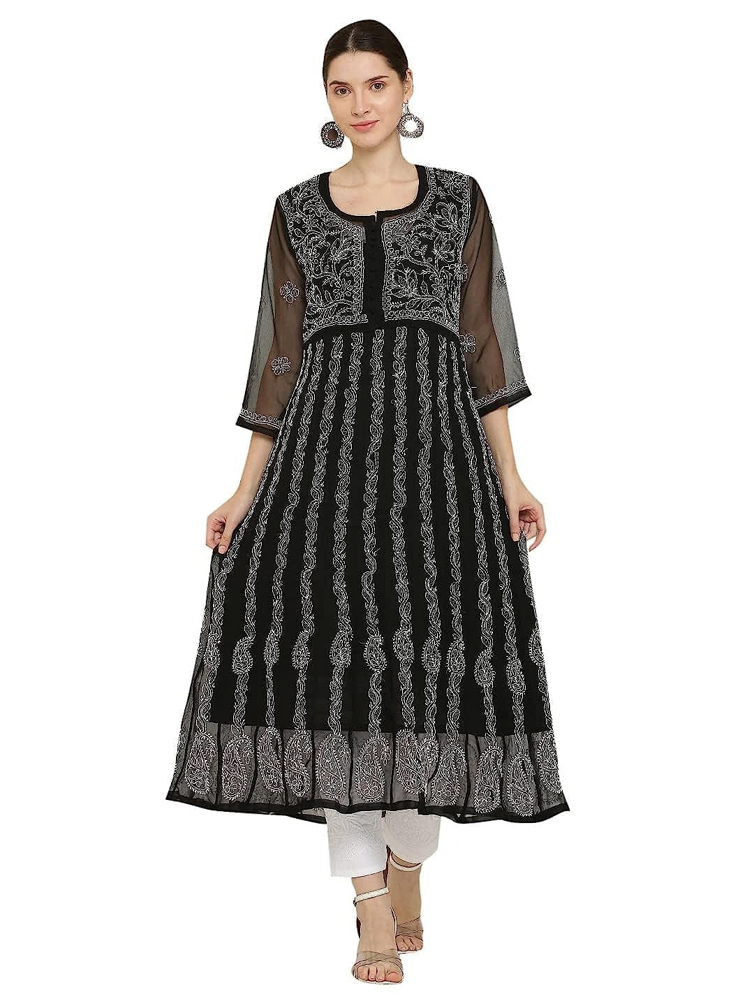 Gauhar Chiffon Georgette Chikankari Flared Anarkali Kurti with Cotton Stretchable Lycra Pant & Matching Cotton Inner