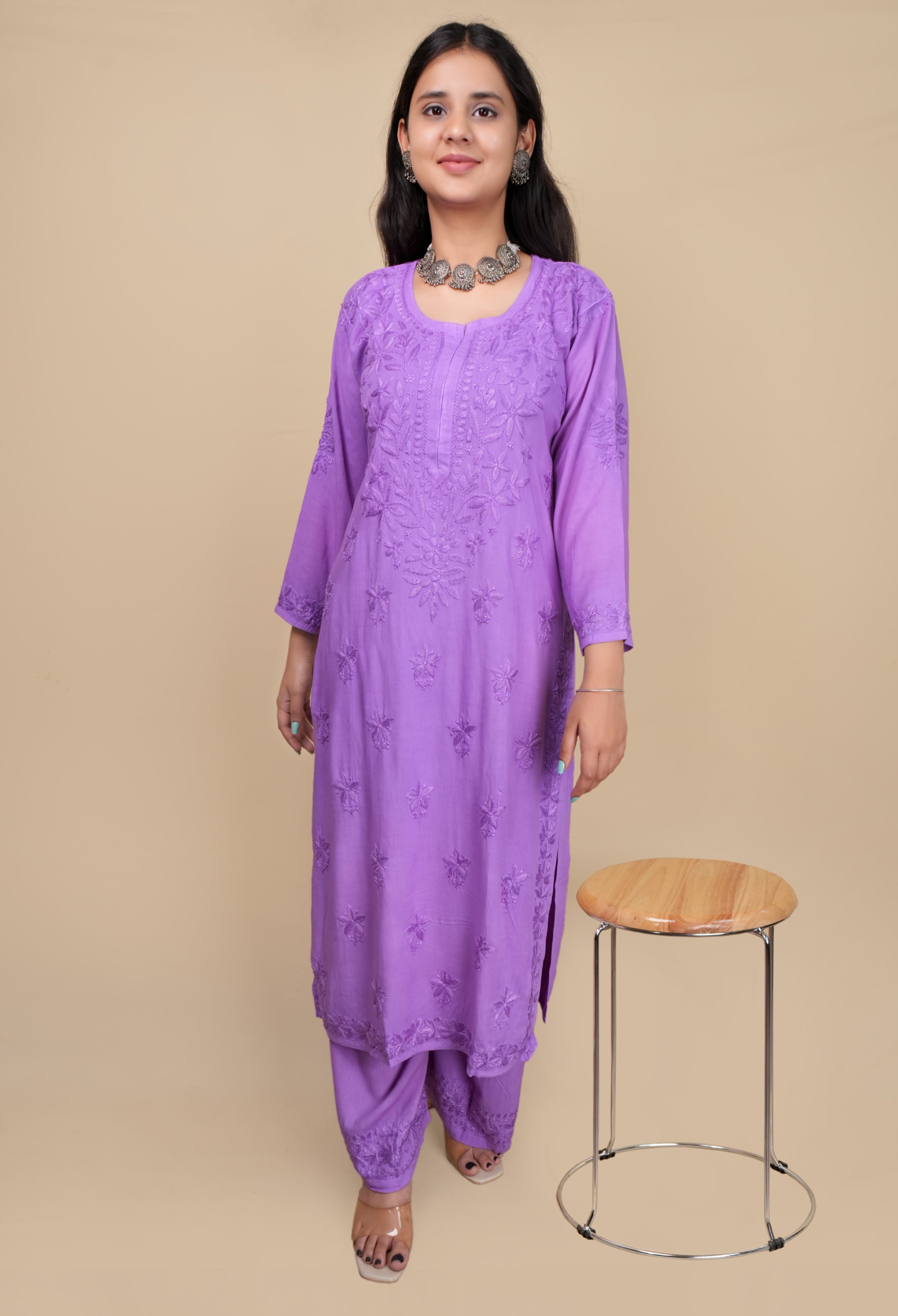 Lavender Aroos Dyed Rayon Kurti & Palazzo Set