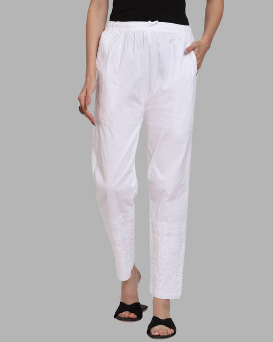 Kuku Chikankari Stretchable Cotton Lycra Pants with Both Side Pockets