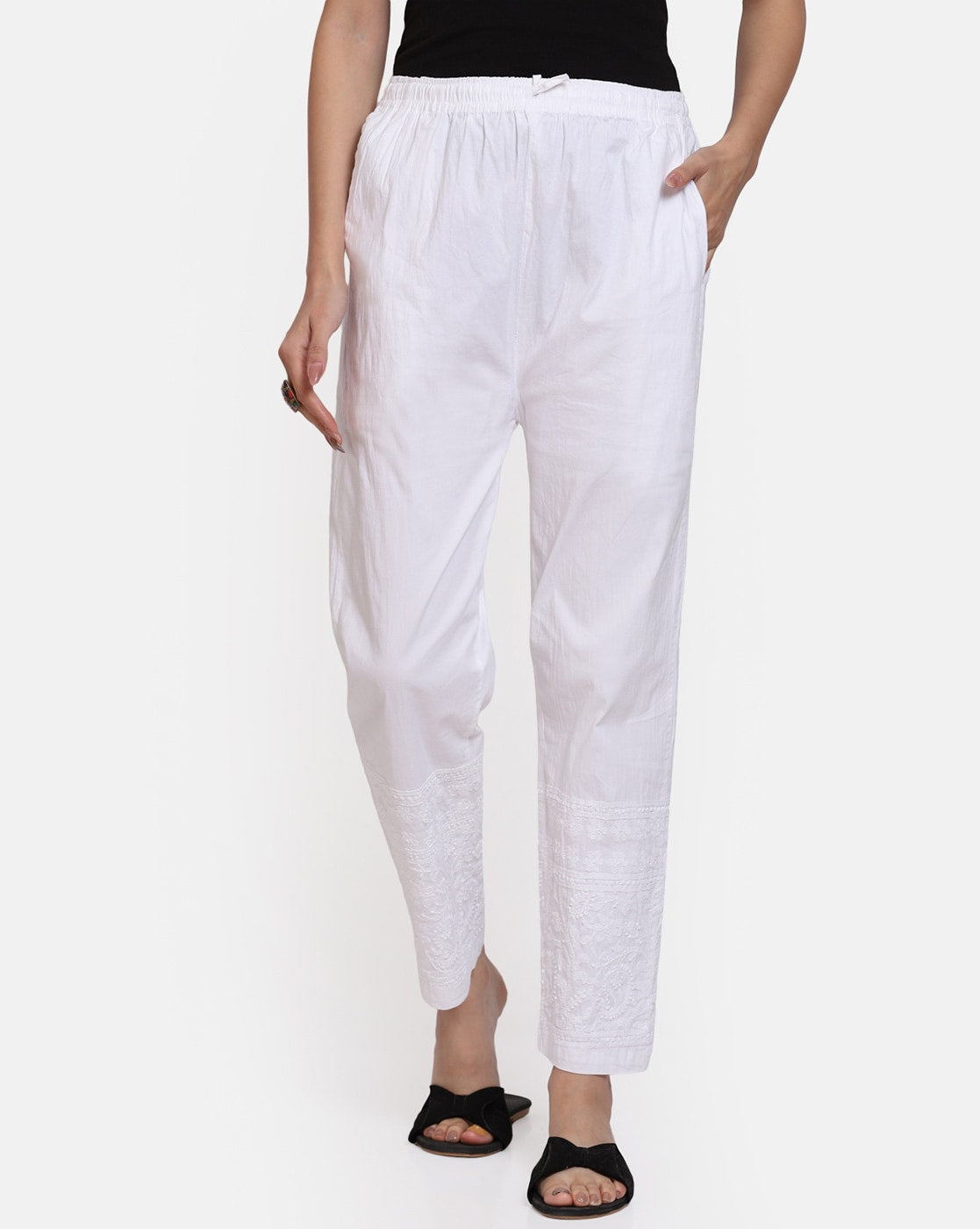 Women's Chikankari Stretchable Cotton Lycra Pants with Both Side Pockets