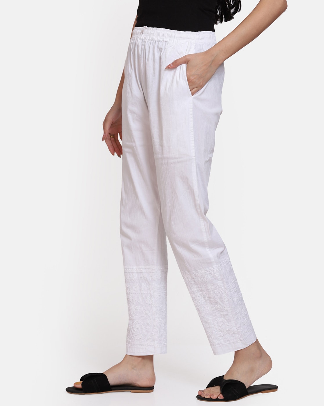 Women's Chikankari Stretchable Cotton Lycra Pants with Both Side Pockets