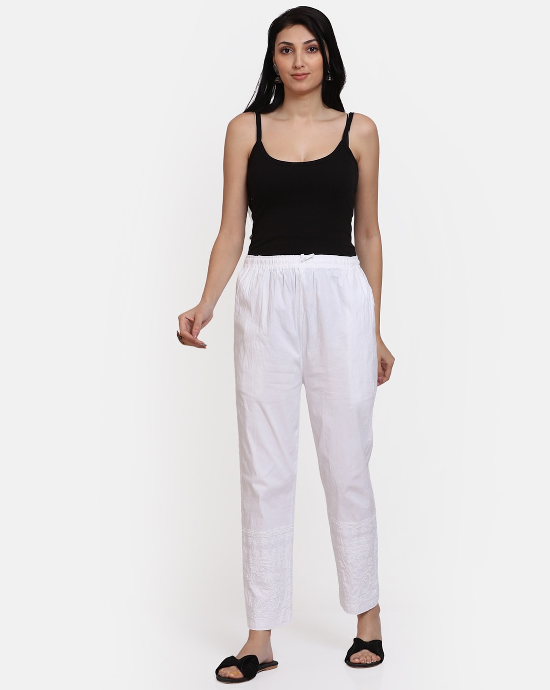 Women's Chikankari Stretchable Cotton Lycra Pants with Both Side Pockets