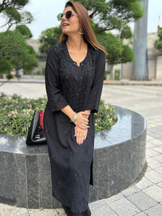 Black Hoor Rayon Muquesh Kurti & Palazzo Set
