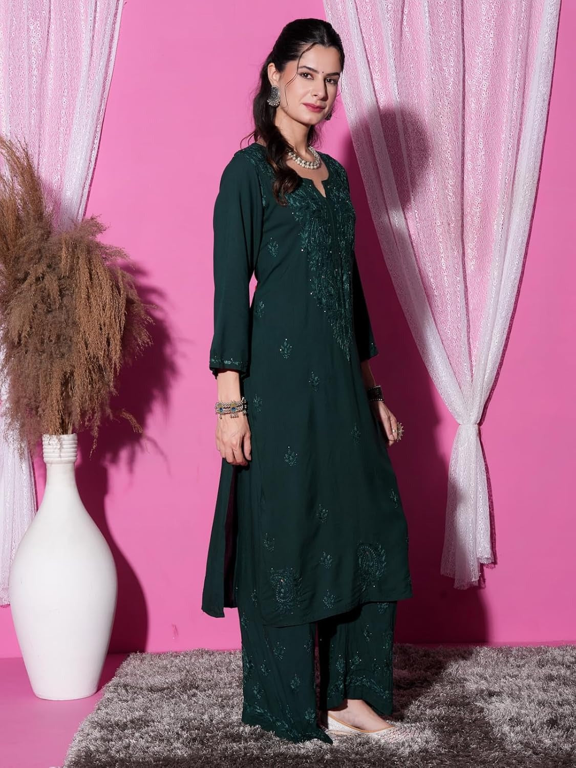 Bottle Green Hoor Rayon Muquesh Kurti & Palazzo Set