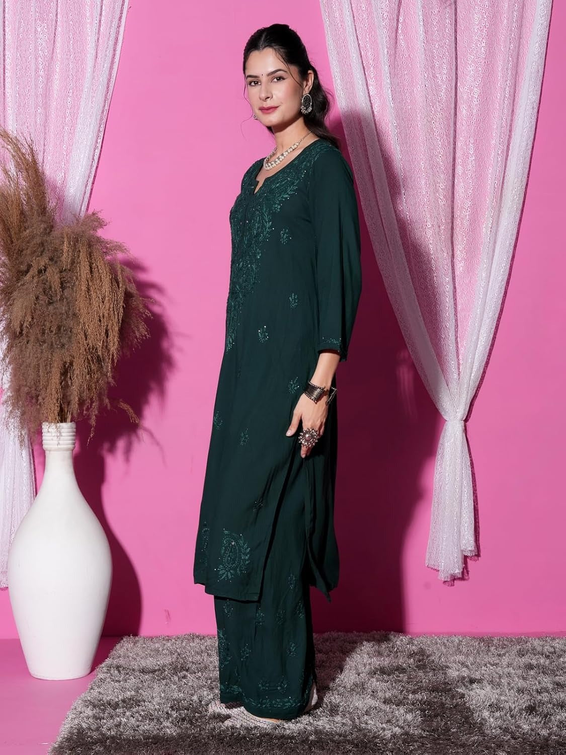 Bottle Green Hoor Rayon Muquesh Kurti & Palazzo Set