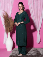 Bottle Green Hoor Rayon Muquesh Kurti & Palazzo Set