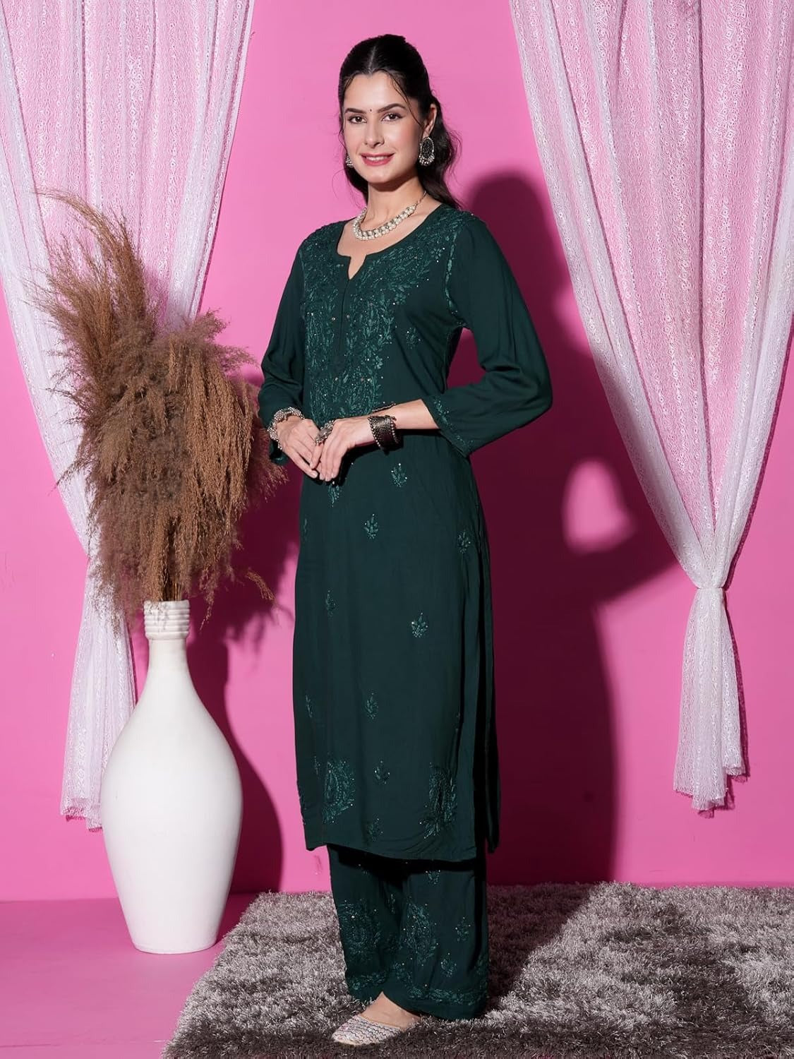 Bottle Green Hoor Rayon Muquesh Kurti & Palazzo Set