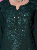 Bottle Green Hoor Rayon Muquesh Kurti & Palazzo Set
