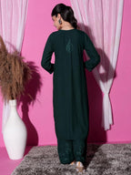 Bottle Green Hoor Rayon Muquesh Kurti & Palazzo Set