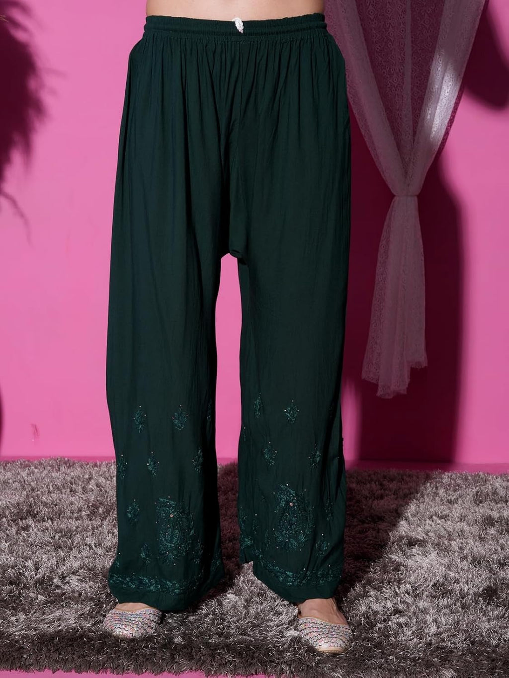 Bottle Green Hoor Rayon Muquesh Kurti & Palazzo Set