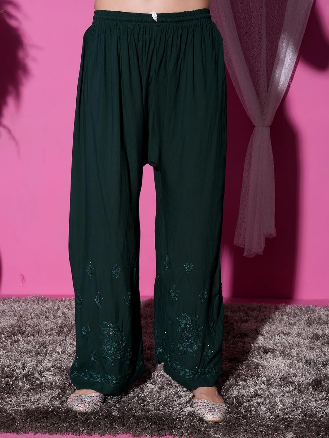 Bottle Green Hoor Rayon Muquesh Kurti & Palazzo Set