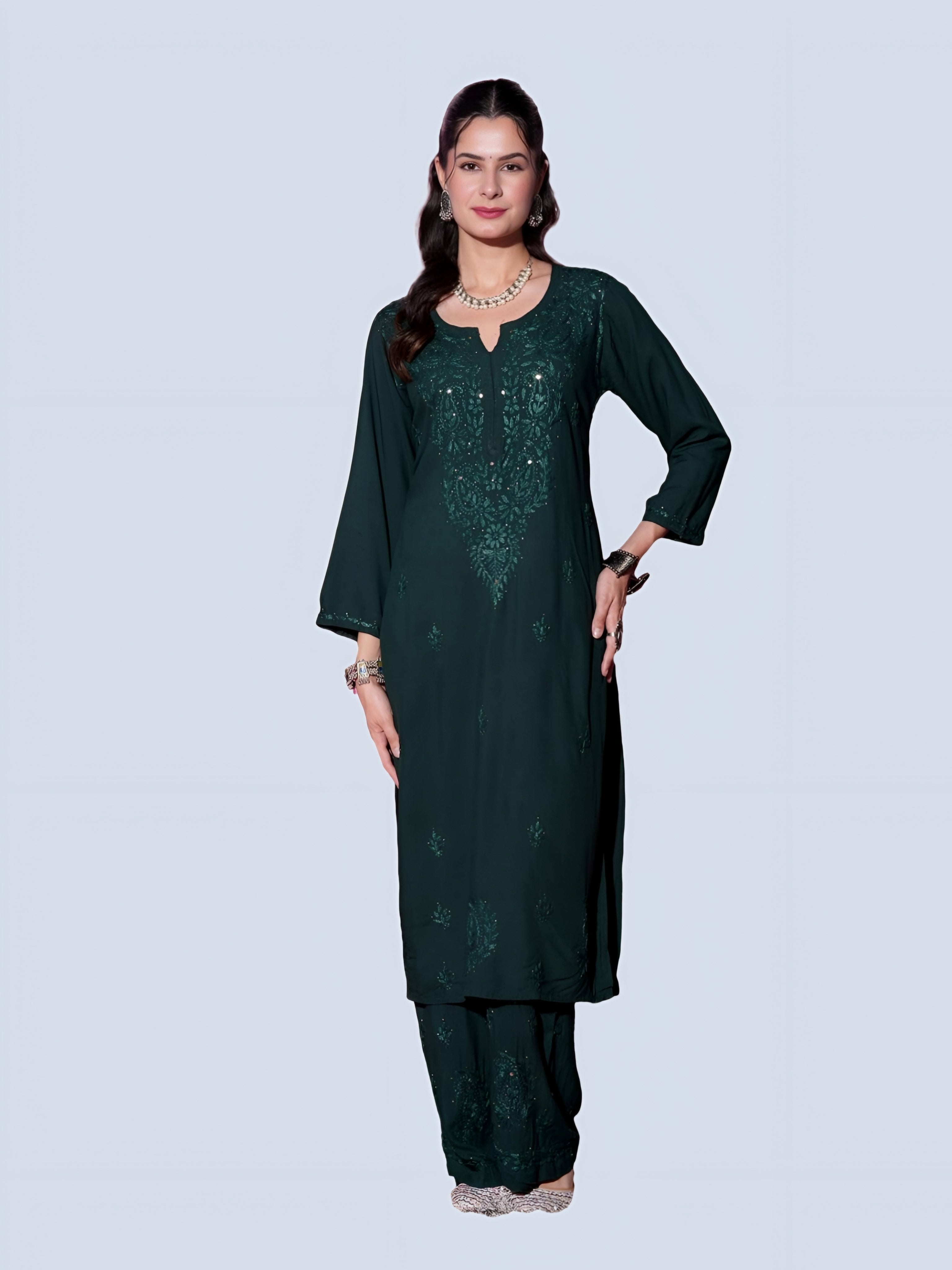 Bottle Green Hoor Rayon Muquesh Kurti & Palazzo Set