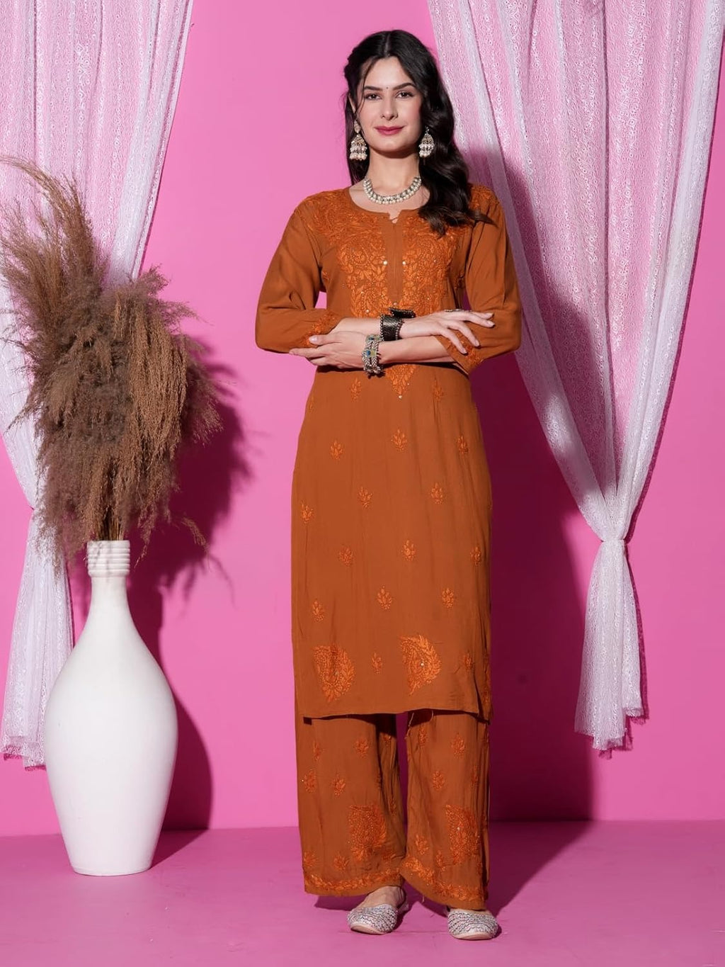Mustard Hoor Rayon Muquesh Kurti & Palazzo Set