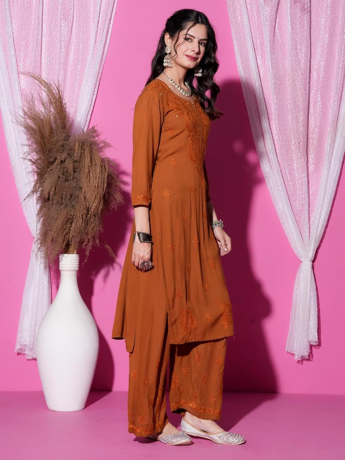 Mustard Hoor Rayon Muquesh Kurti & Palazzo Set