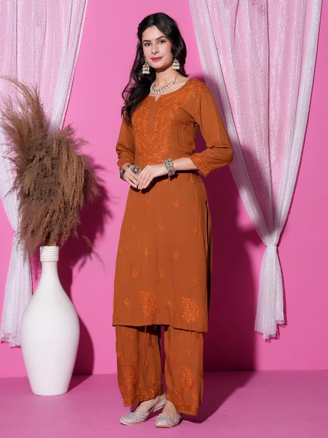 Mustard Hoor Rayon Muquesh Kurti & Palazzo Set