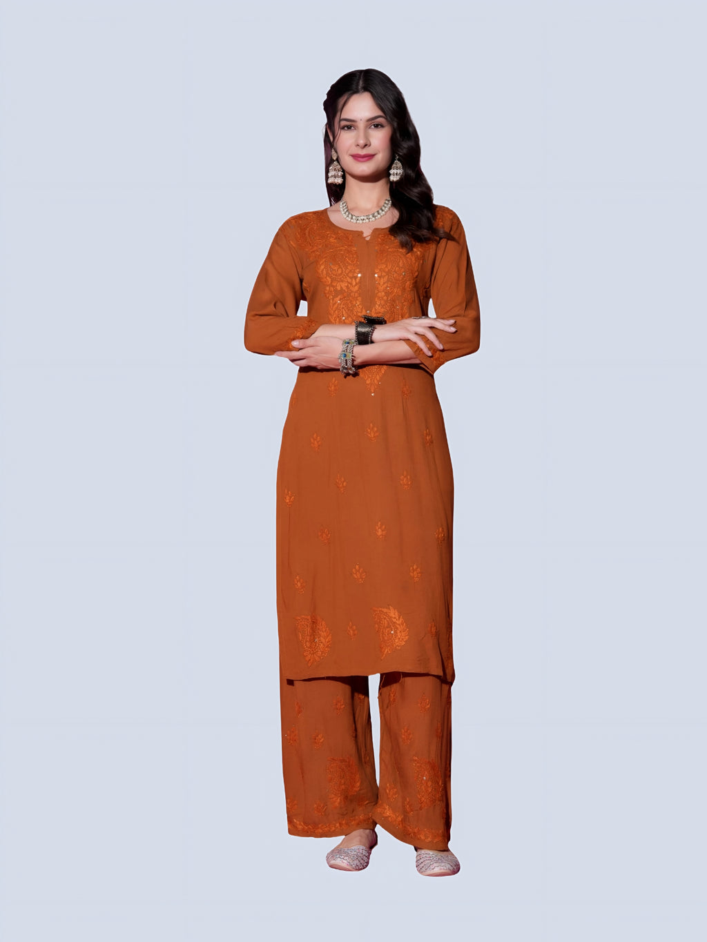 Mustard Hoor Rayon Muquesh Kurti & Palazzo Set