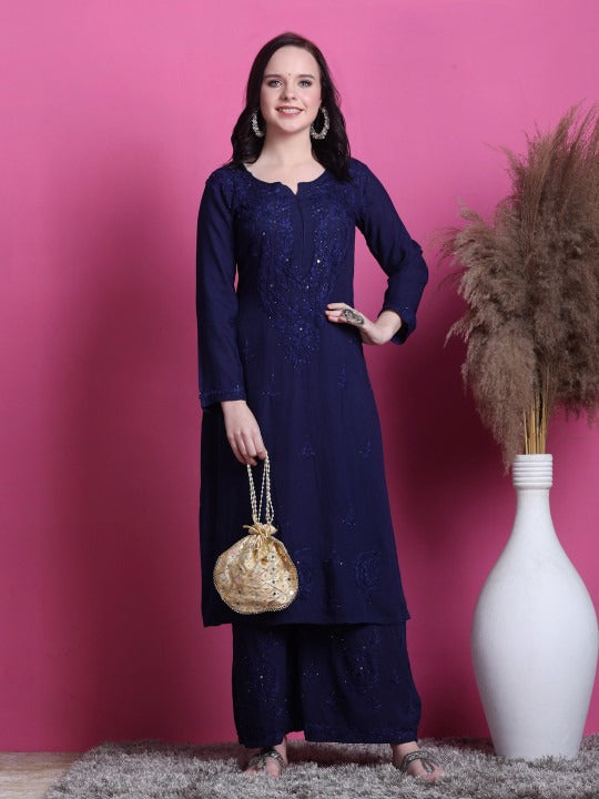 Navy Blue Hoor Rayon Muquesh Kurti & Palazzo Set