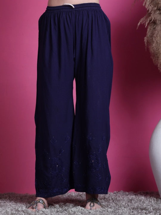 Navy Blue Hoor Rayon Muquesh Kurti & Palazzo Set