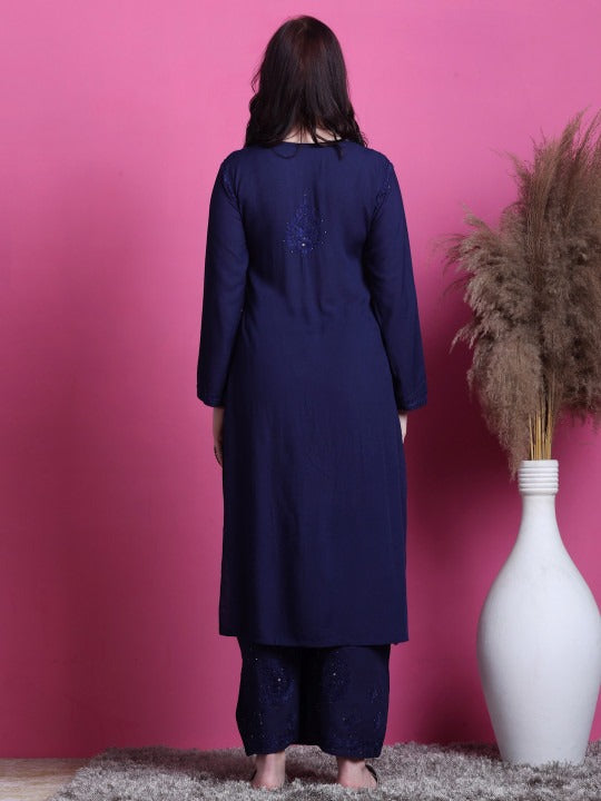 Navy Blue Hoor Rayon Muquesh Kurti & Palazzo Set