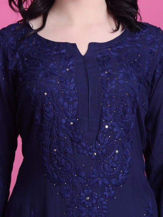 Navy Blue Hoor Rayon Muquesh Kurti & Palazzo Set