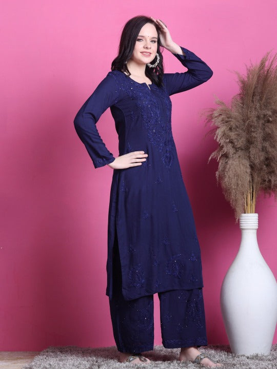 Navy Blue Hoor Rayon Muquesh Kurti & Palazzo Set