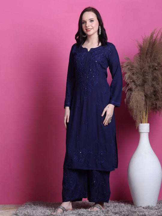 Navy Blue Hoor Rayon Muquesh Kurti & Palazzo Set