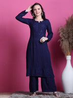 Navy Blue Hoor Rayon Muquesh Kurti & Palazzo Set