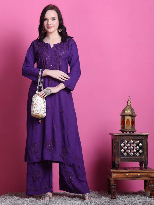 Purple Hoor Rayon Muquesh Kurti & Palazzo Set