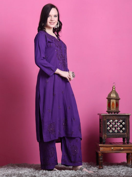 Purple Hoor Rayon Muquesh Kurti & Palazzo Set