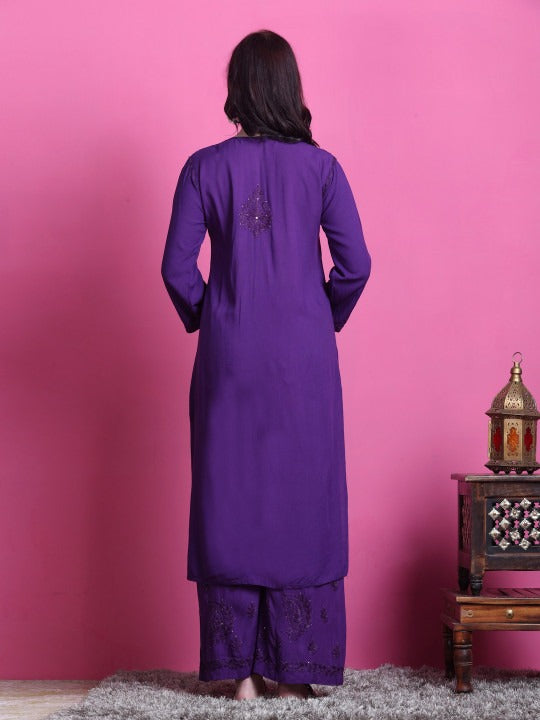 Purple Hoor Rayon Muquesh Kurti & Palazzo Set