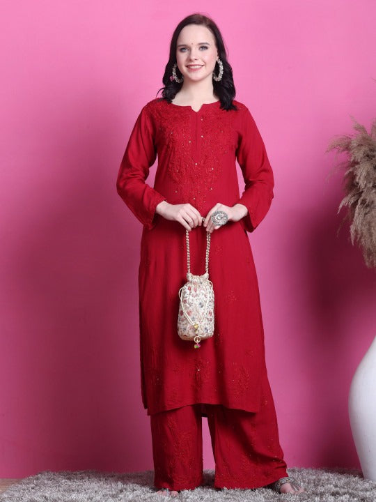 Red Hoor Rayon Muquesh Kurti & Palazzo Set