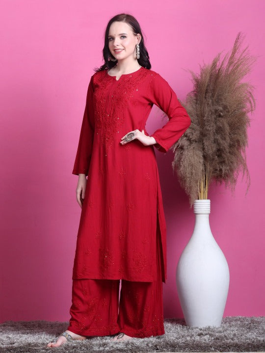 Red Hoor Rayon Muquesh Kurti & Palazzo Set