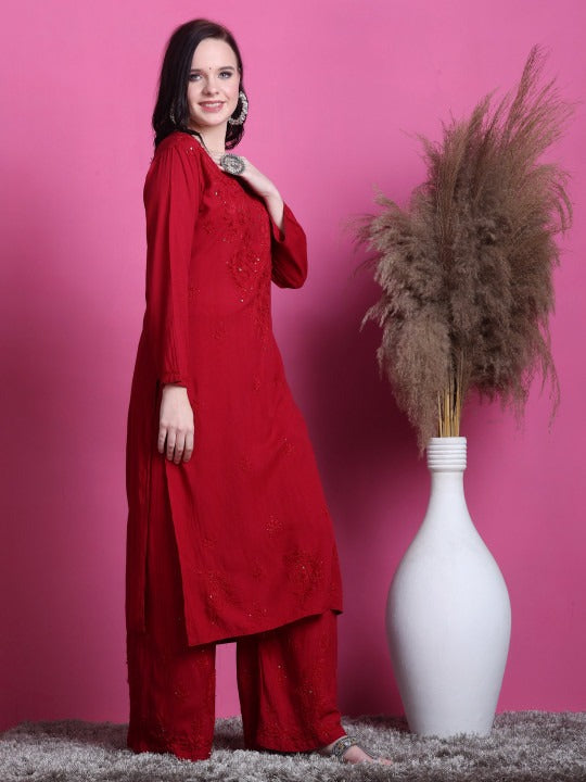 Red Hoor Rayon Muquesh Kurti & Palazzo Set