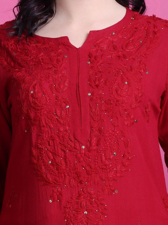 Red Hoor Rayon Muquesh Kurti & Palazzo Set